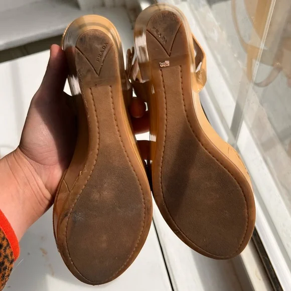 Prada Nude Patent Wedge Heel Sandals - Picture 6 of 8